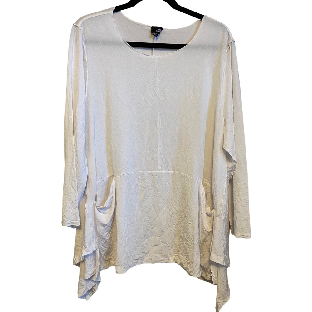 Lisa Bayne White Crinkle Tencel Spandex Tunic Long Sleeve Pockets XL